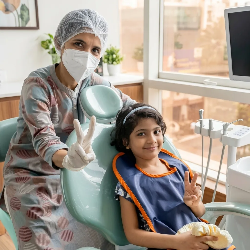 Dr. Jyoti Mohitey with a happy young patient at Pearl Dental Clinic